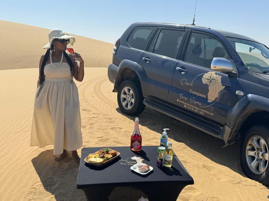 Walvisbay: Sandwich Harbour SUNSET Tour-End It Beautifully - The dune sunset at Sandwich Harbour: snacks, beer, and champagne